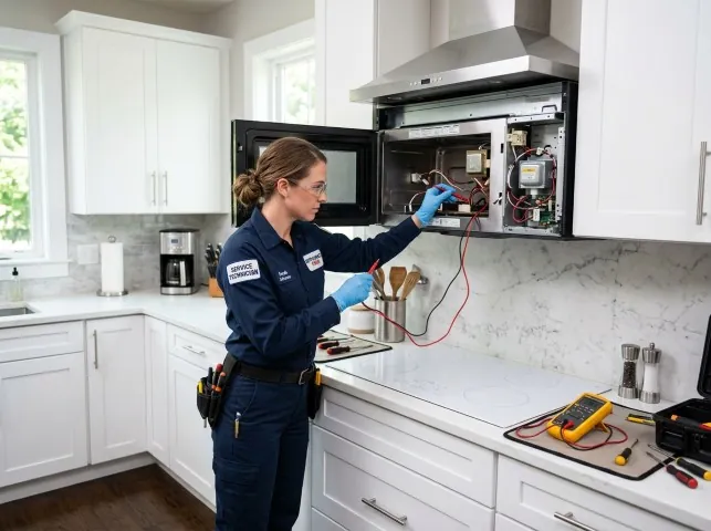 Appliance Repair Hero technician testing an over-the-range microwave in a Autryville, NC kitchen